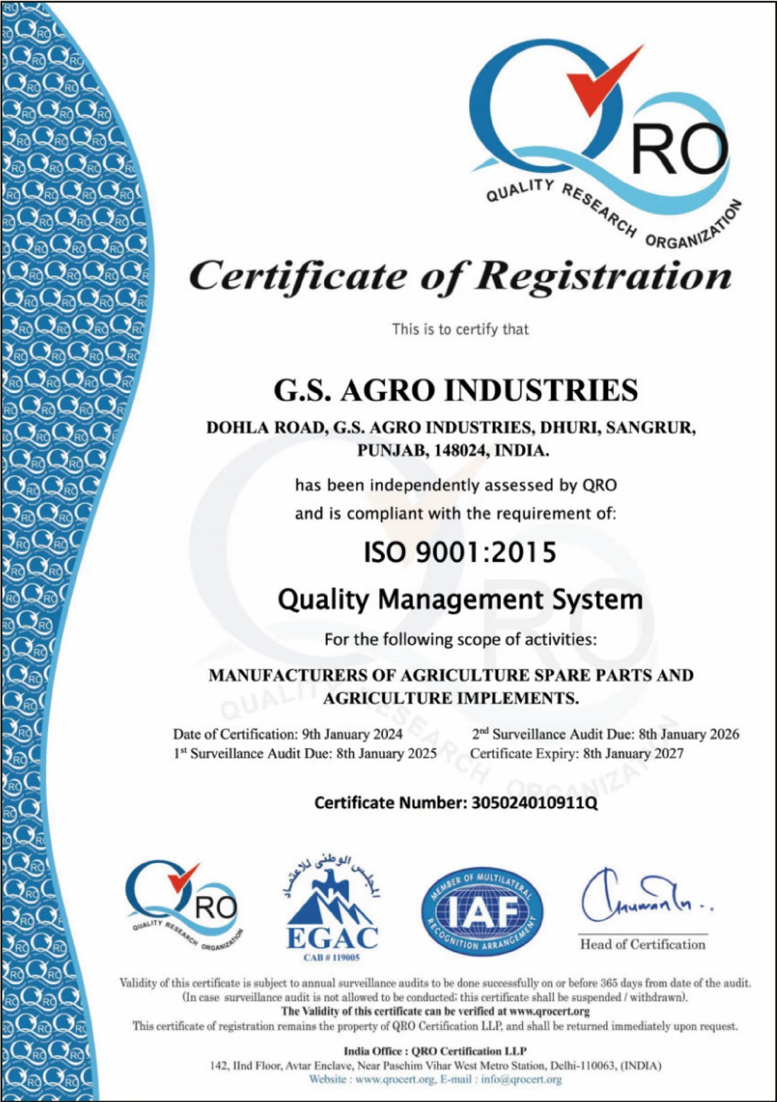 ISO 9001:2015 certificate of registration issued to G.S. Agro Industries